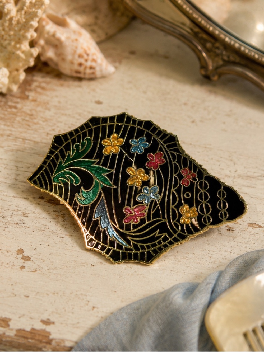 Vintage Cloisonné Seashell Belt Buckle Floral Black Gold Tone Orange Pink Green